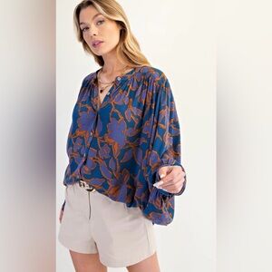 Easel Oversized Blue and Orange Floral Bat Wing Blouse